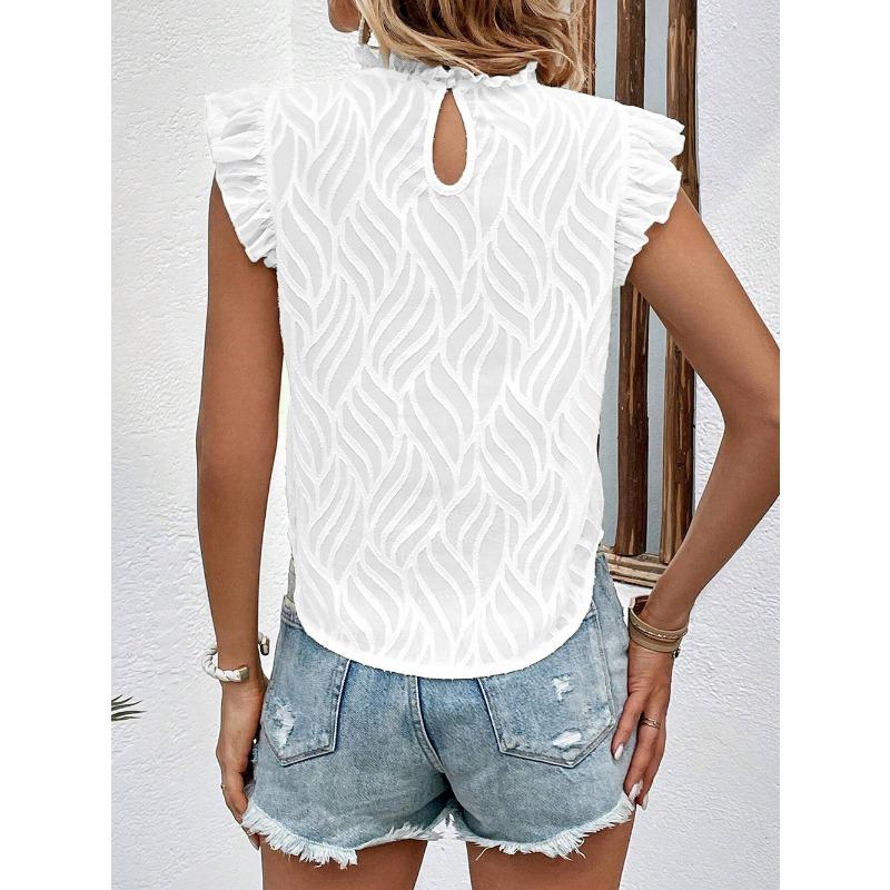 Summer Elegant Women Fashion Blouse Ruffled Sleeve Loose Jacquard Shirt Female Women's Vest Sweet Ladies Chiffon Tops  Lotus Leaf Collar Top Clothes