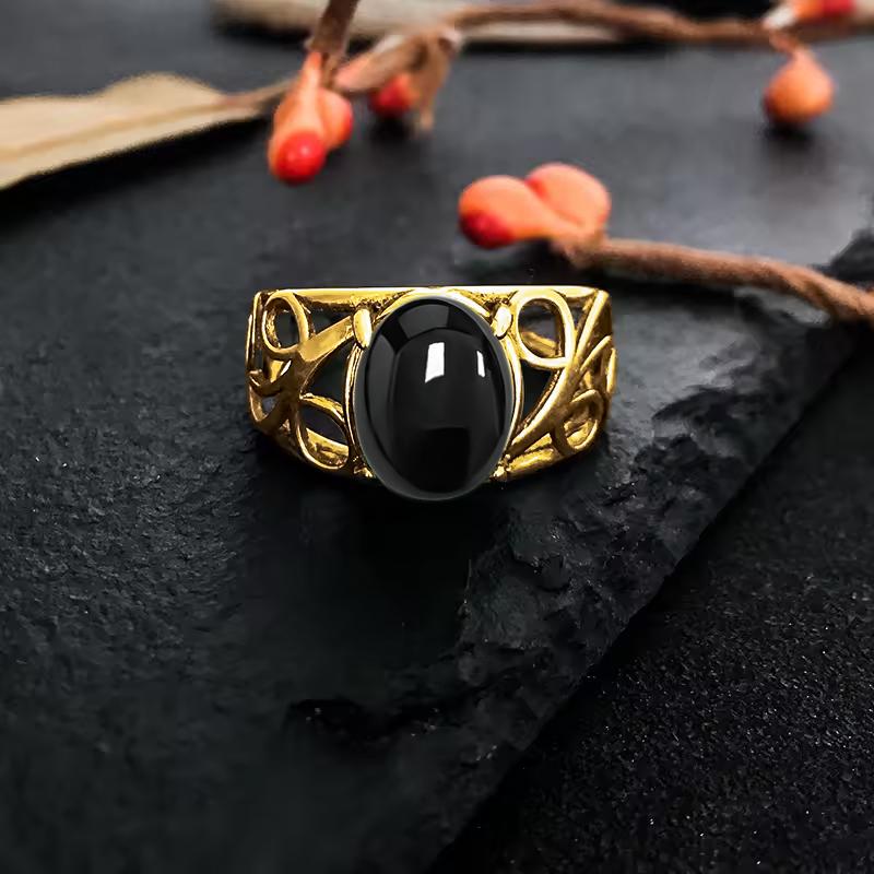 Vintage 925 Sterling Copper Ring Natural Black Onyx Ring Oval Round Stone Retro Fine Zircon Gift Sun Shaped For Women Men