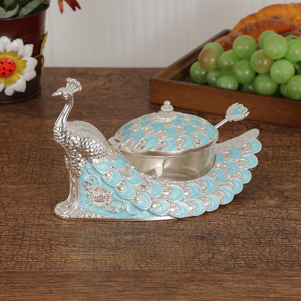 

Classic Style Peacock Spice Jar Sophisticated Alloy Sugar Cup With Lid And Spoon Multi-function Salt and Sugar Storage синий