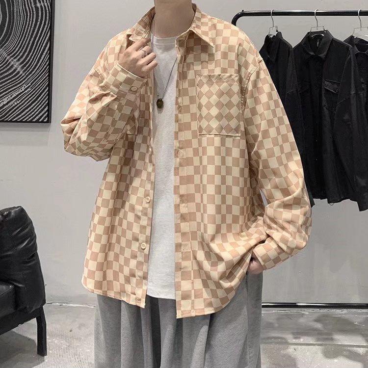 

Мужская клетчатая рубашка с длинными рукавами, весна 2023, модная свободная рубашка в гонконгском стиле в японском стиле, модный бренд в стиле ретро