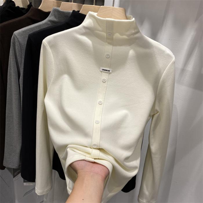 Half Turtleneck Base Blouse for Women In Autumn and Winter Double-sided Fur Plush Thickened Medium Collar Long Sleeve T-style Top