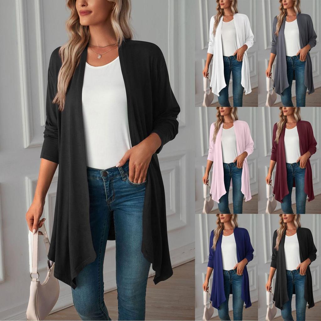 Damen-Cardigan-Oberteil, einfarbig, langärmelig, leicht, lange Jacke