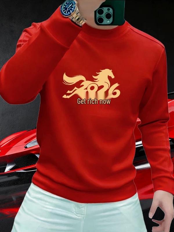2026 Year of the Horse Men's Red Hoodie - Zodiac New Year Edition, Stylish and Prosperous