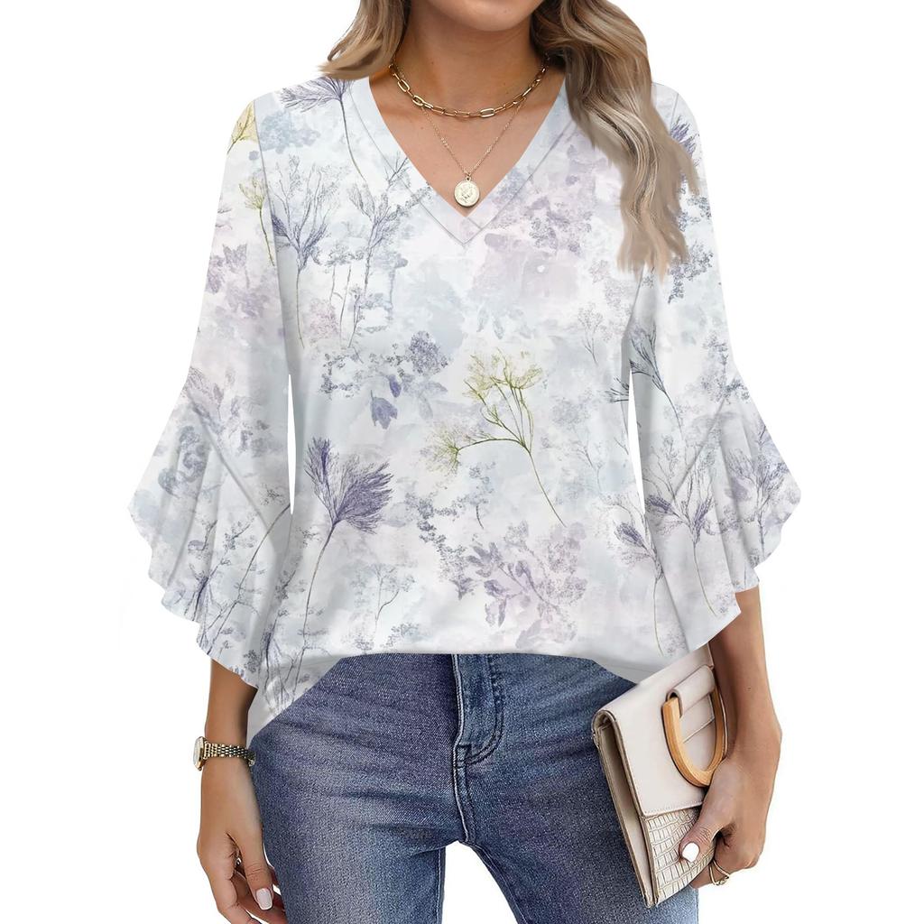 Blouses For Women Dressy Casual 3/4 Length Sleeve Womens Tops V Neck Tshirts Shirts With Flared Sleeve