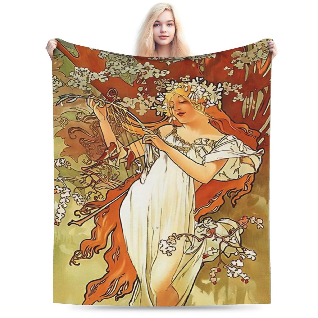 Language of Flowers Alphonse Mucha   Plush Blanket Students  Flannel Throw Blanket For Outdoor Soft Custom DIY Quality Bedspread