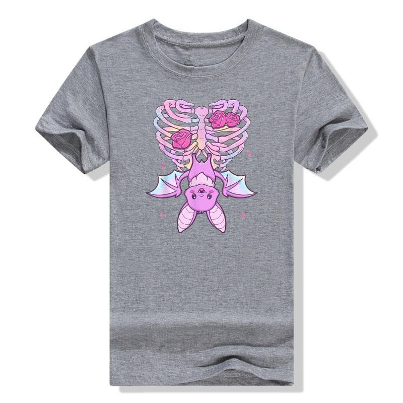 Kawaii Pastel Goth Niedlich Gruselig Fledermaus Skelett T-Shirt Anime Vaporwave Ästhetische Kleidung Grafik T-Shirt Oberteile Halloween Kostüm Geschenke