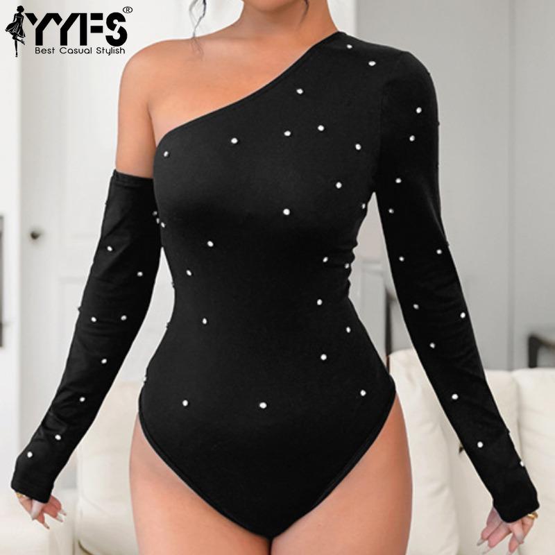 YYFS Women's Fashion Casual Polka Dot Print Spring Fall Long Sleeve Oblique Collar Bodysuits