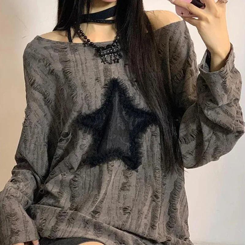Y2K Hole Star Print T-Shirt Women Fashion Streetwear Off Shoulder Tops Summer Oversized Kpop Long Sleeve Loose Tees Ladies