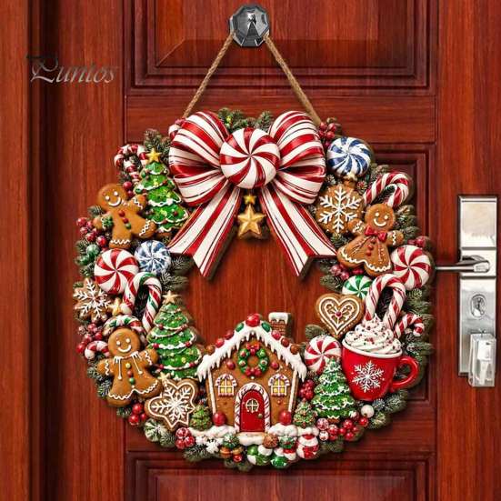 Cintre de Porte Décoratif en Bois Mannele Couronne Panneau pour Porte d'Entrée, Plaque Suspendue Rétro de Noël avec Entrée Festive Saisonnière Canne à Sucre Ruban