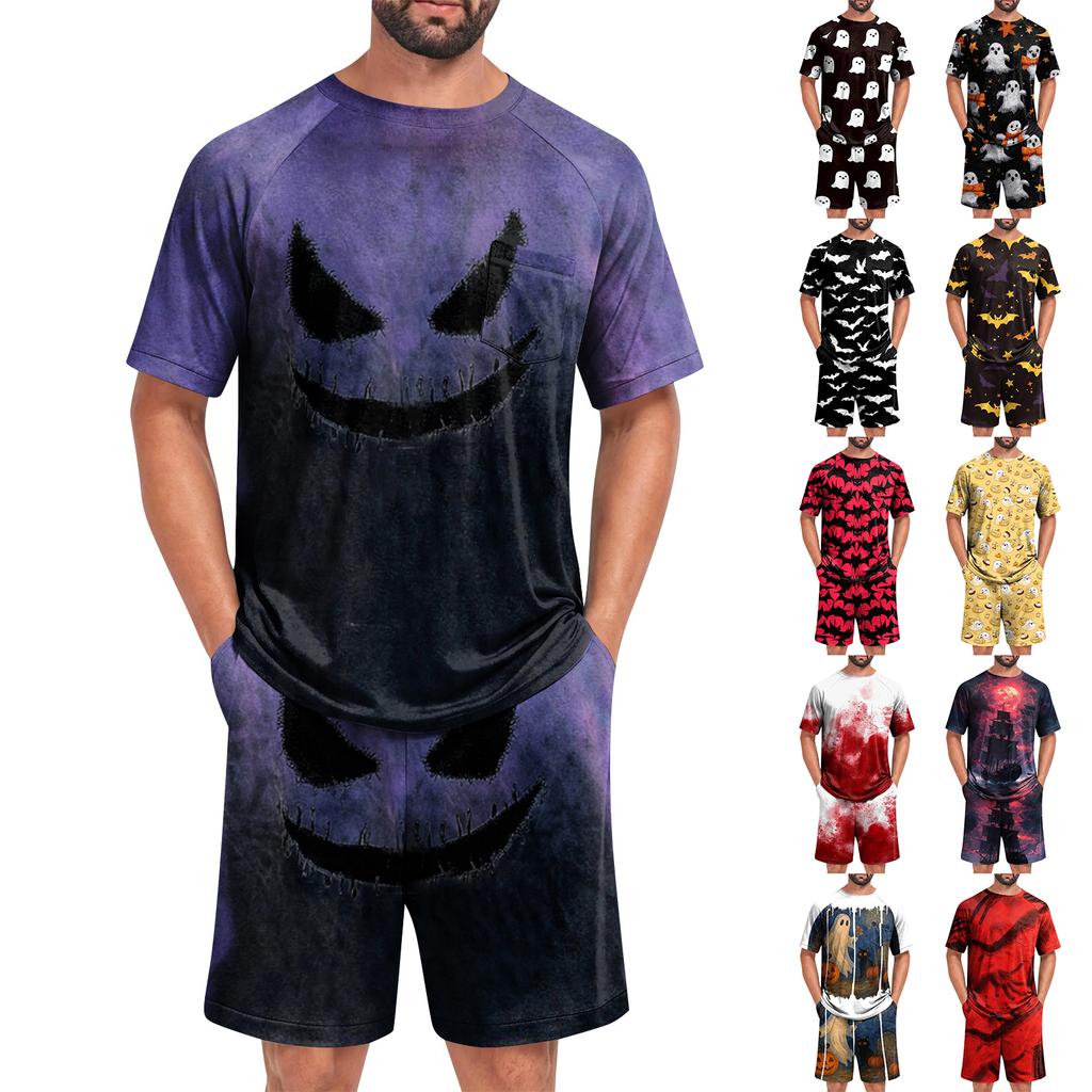 Men's Halloween Casual Pajama Set Short Sleeve Top and Shorts Comfortable Homewear Two Piece Lounge Set for Relaxation