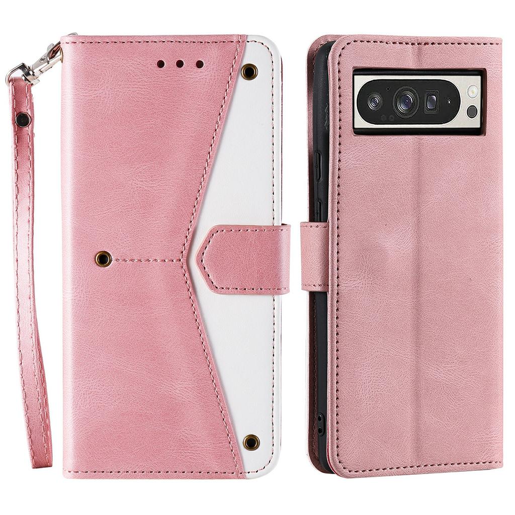 For Google Pixel 9 Pro XL Leather Case Splicing Stitching Wallet Stand Phone Cover with Strap