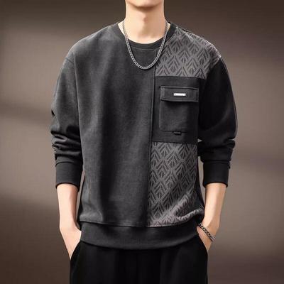 Men's American Retro Brushed Jacquard Patchwork Round Neck Sweatshirt