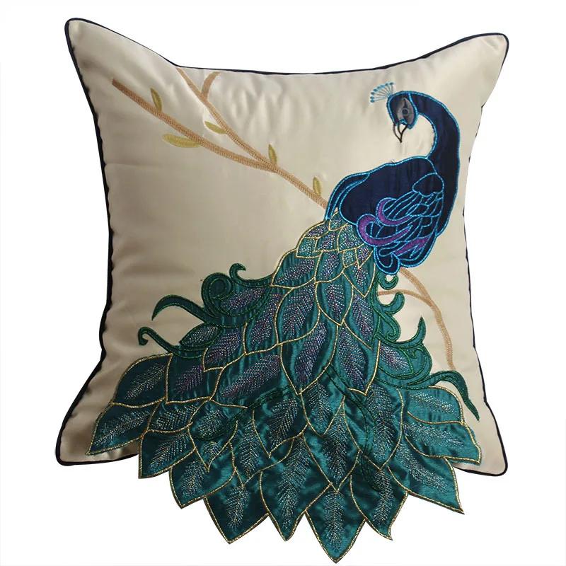 

New Chinese Style Embroidered Peacock Pillow Chinese Style Cushion Mahogany Sofa Cushion Cover Model Room Bed Waist Pillow Cover 45x45CM without core