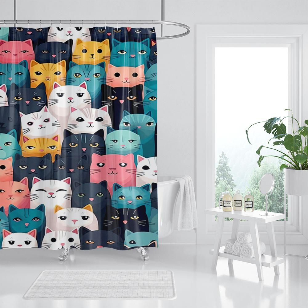 Cat Printed Shower Curtain Color Cartoon Lovely Animal Bear Polyester Fabric Hanging Curtains Bathroom Bathtub Decor with Hooks