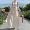 French neck close waist and thin V-neck seaside vacation dress, sexy pure desire style long high-end waist pinch skirt