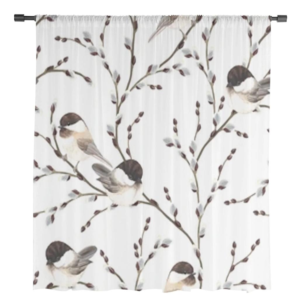Cortinas transparentes de galhos de salgueiro e pássaros Cortina de voile para quarto Cortinas transparentes para janela da sala de estar Cortinas de tule para cozinha