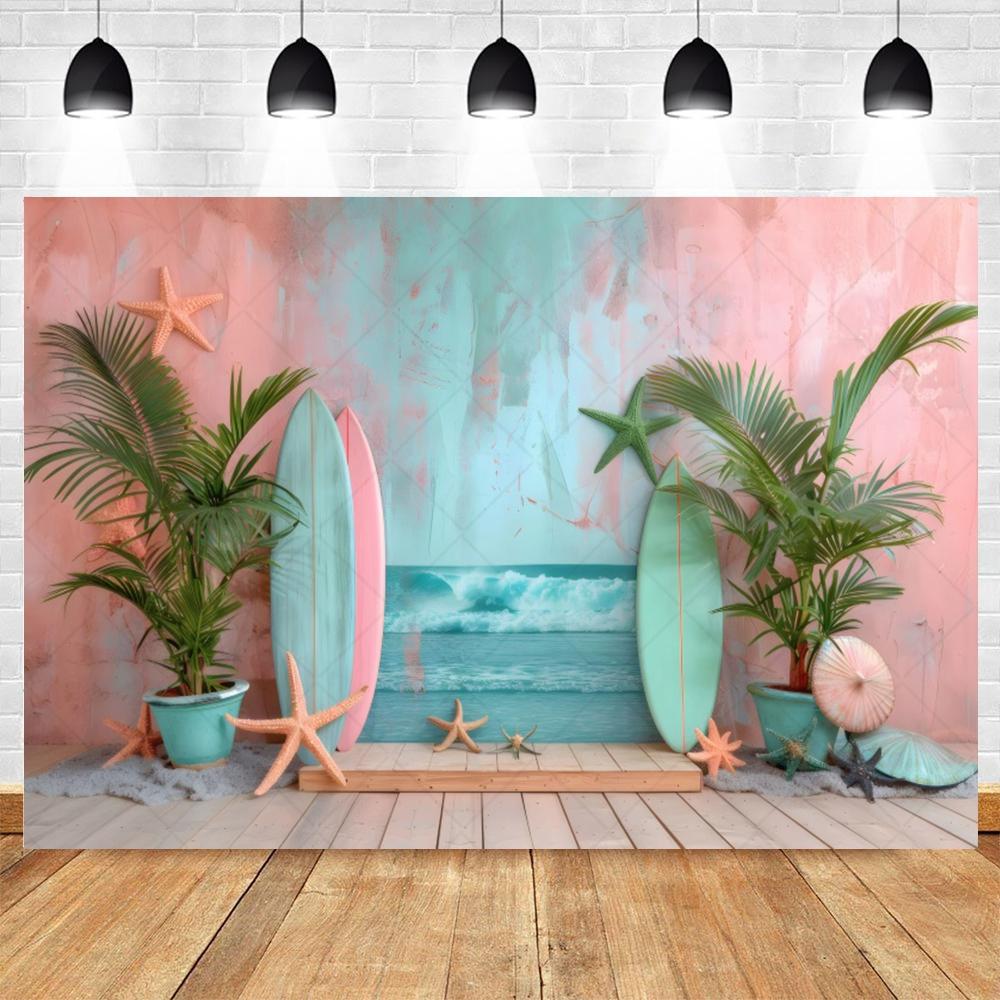 Summer Beach Photography Backdrop Hawaiian Pink Tropical Ocean Seaside Surfboard Kids Birthday Holiday Party Photo Background