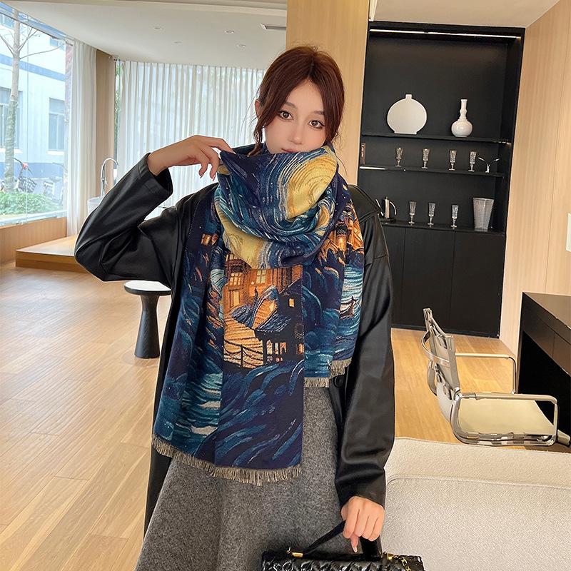 Niche Design Starry Sky Imitation Cashmere Scarf for Women Autumn and Winter New Oil Painting All Match Scarf Warm Thickened Shawl