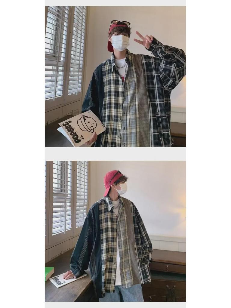 Men's Plaid Splicing Long Sleeve Shirt - Autumn Hong Kong Style Casual Jacket