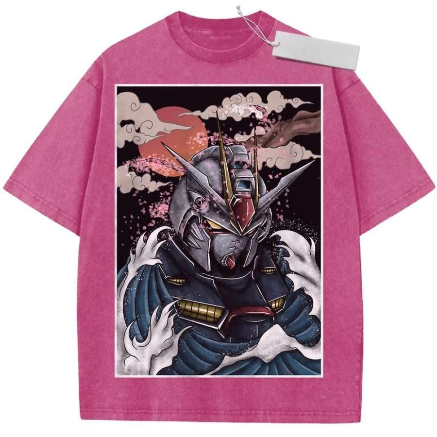 Summer Mens Black Washed T  Shirt Mobile Suit Gundam Japanese Wave Style RX High  Quality Fabric for Casual