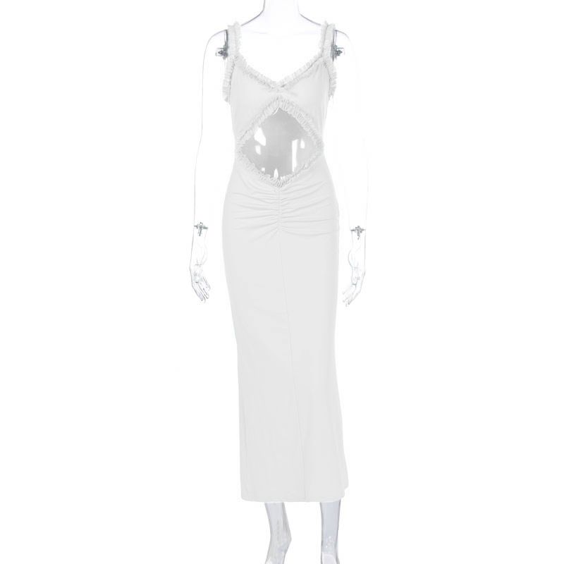 Fashion 2024 Summer New Suspender Wooden Ear Collarless Crop Top Sexy Silm Long Dress Export Female