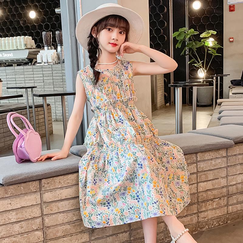 Girls' Summer Cotton Sleeveless Dress Pure Cotton Floral Vest Dress Forest Tie Suspender Dress