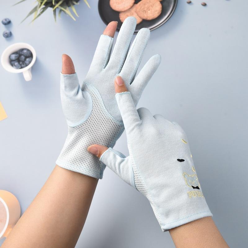 

Солнцезащитные перчатки для женщин Весна и лето Тонкие С открытыми двумя пальцами Впитывающие пот Дышащие Противоскользящие Милые перчатки с маленьким мишкой One Size