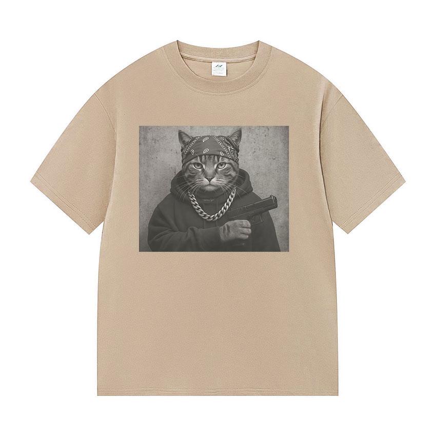 2025 Summer Funny Cat Graphic Print T Shirt Gang Cat Cool Hip Hop Men's Vintage High Quality 100% Pure Cotton Printed T-shirt