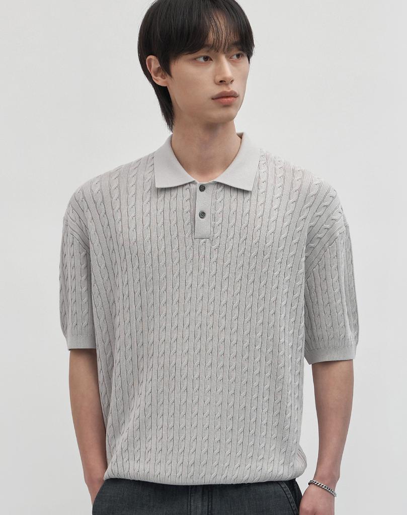 WORK ON BODY OFF Cool Bamboo Semi-Overfit Cable Collar Short Sleeve Knit [Gray]