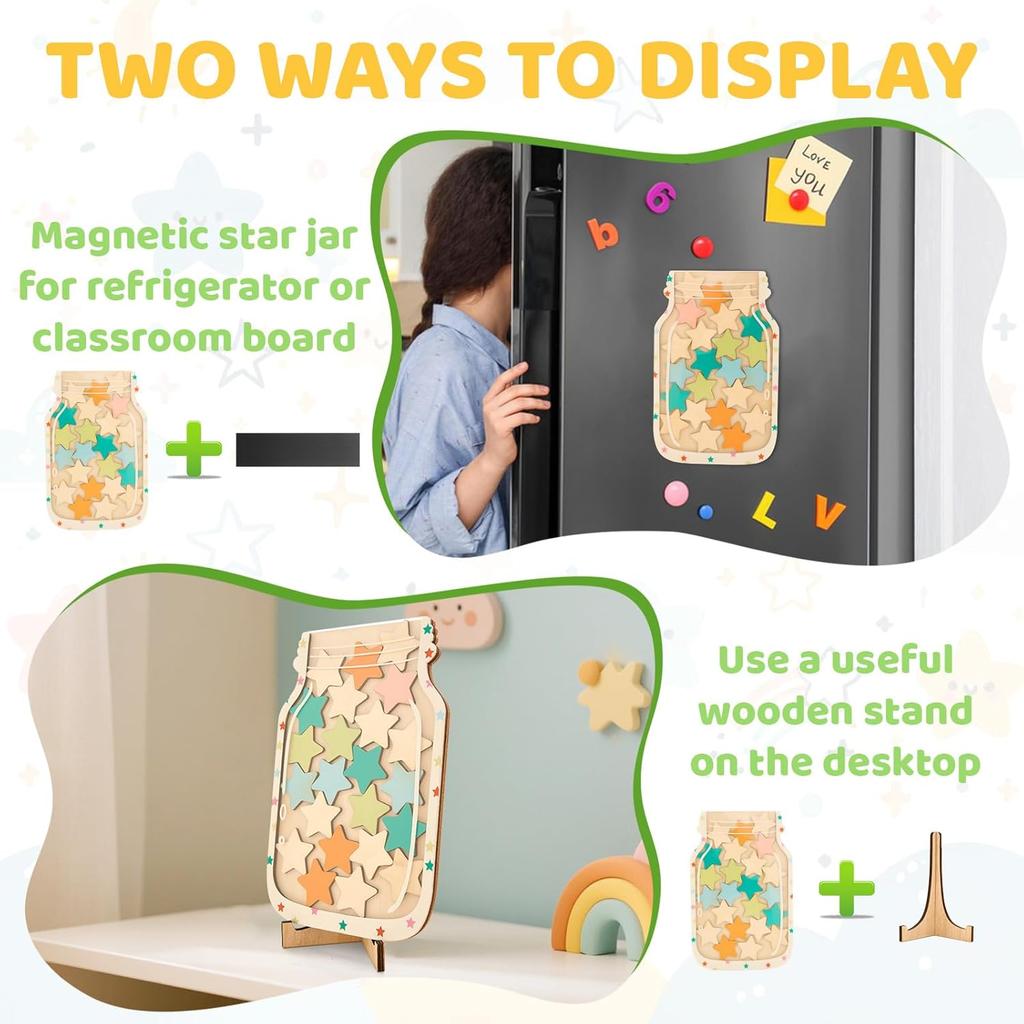 Magnetic Star Jar Reward System for Kids - Classroom & Home Behavior Chart with Stars - Wooden Motivational Jar for Potty Training, Chores,