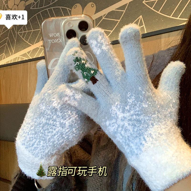Cute Christmas red dew finger plush knitted five-finger women's plush thick cold-proof riding