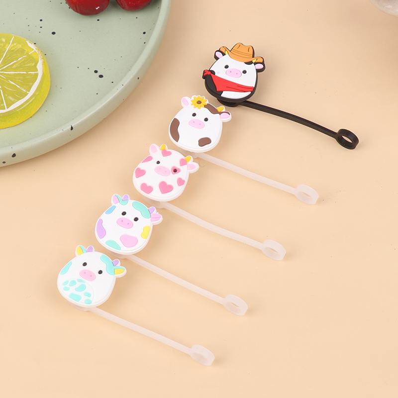 5 Stück Cartoon-Kuh-Strohhalme, wiederverwendbare, weiche Silikon-Strohhalm-Abdeckungen, staubdichte Trinkhalm-Spitzendeckel, Kappenabdeckungen