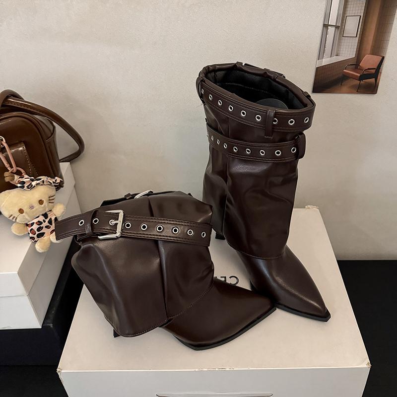 Winter Fashion Pointed Toe Women Ankle Boots Belt Buckle Thin High Heels Comfortable Soft Leather Zipper Shoes