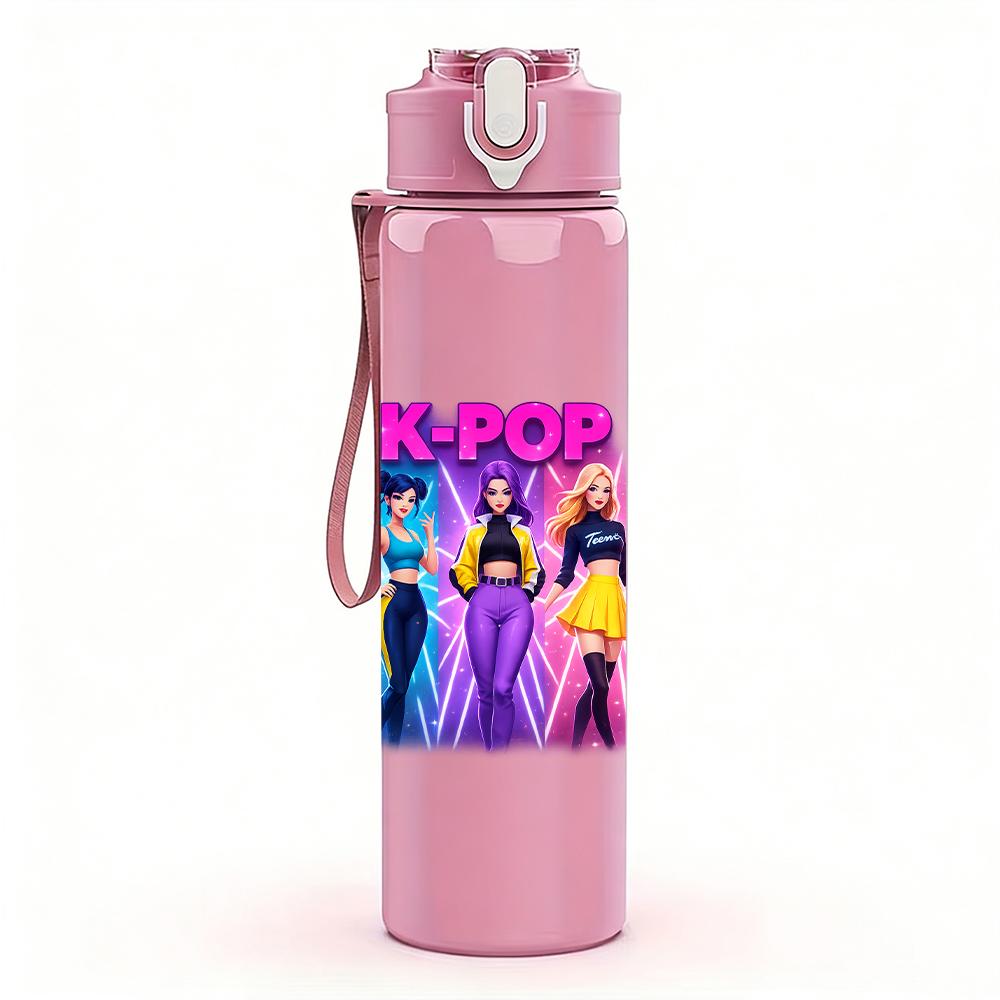 1 Stück Sanfte Pastell Kpop Girl Group Bust 750ml Farbe Kunststoff Wasserflasche Auslaufsicher Klappdeckel mit Strohhalm Für Sport Büro Zuhause