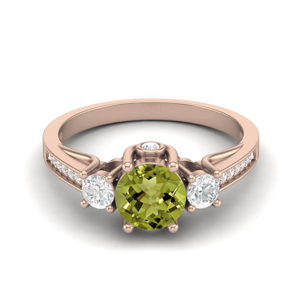 1.39 Ctw Round Peridot 925 Sterling Silver Rose Vermeil Three Stone Accents Women Engagement Ring
