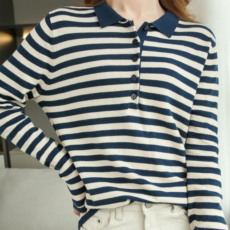 IHUASU Striped Cotton Knit Sweater Women Spring and Autumn Set Head Versatile Thin Bottoming Shirt Inside The Long-sleeved Jumper