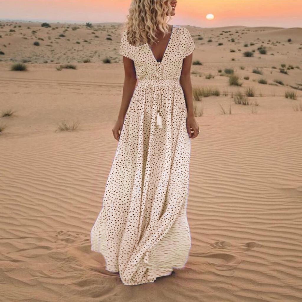 

Women Summer Short Sleeve Dot Print Tassels V Neck Long Dress Beach Maxi Dress L