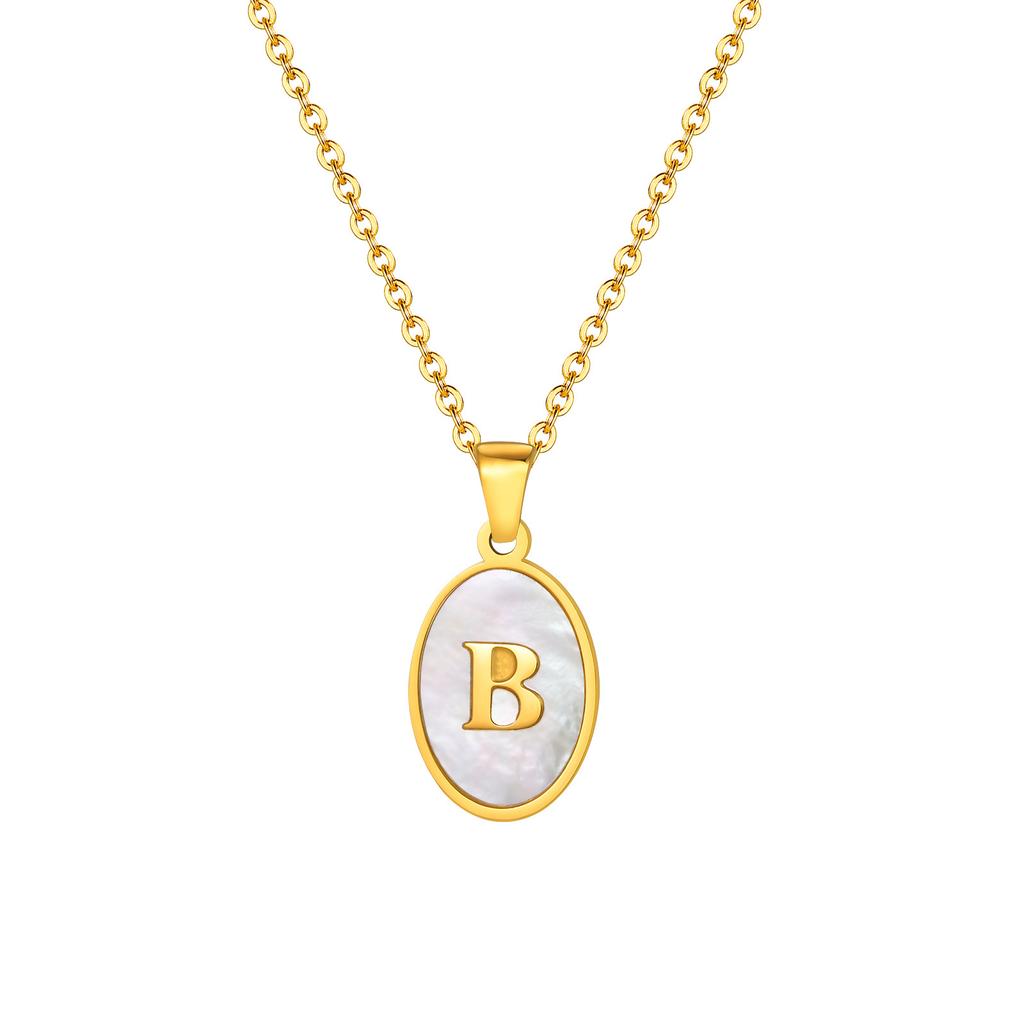 Stainless Steel Oval White Shell 26 Letter Pendant Name Letter Necklace Commemorative Gift Pn-2186