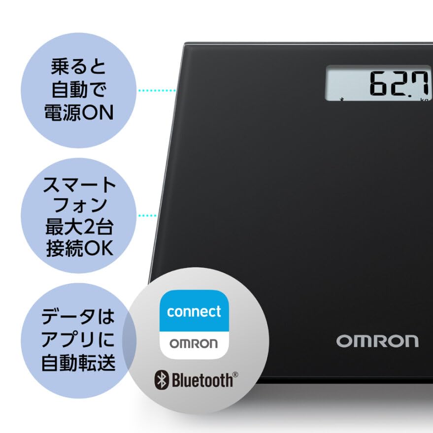 Omron Bathroom Scale, Black, HN-300T2-JTBK. Smartphone connectivity, automatic data transfer, automatic recognition, measurement starts simply by step