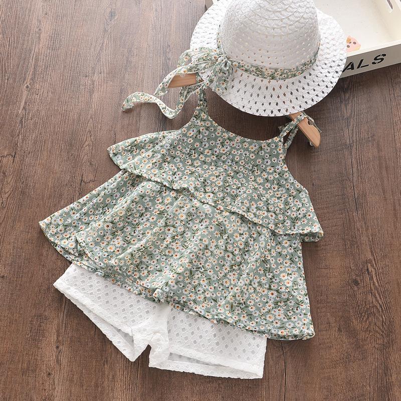 Summer Girls Floral Chiffon Camisole Top With Hollow White Shorts And Straw Hat 3 Piece Stylish Outfit Set