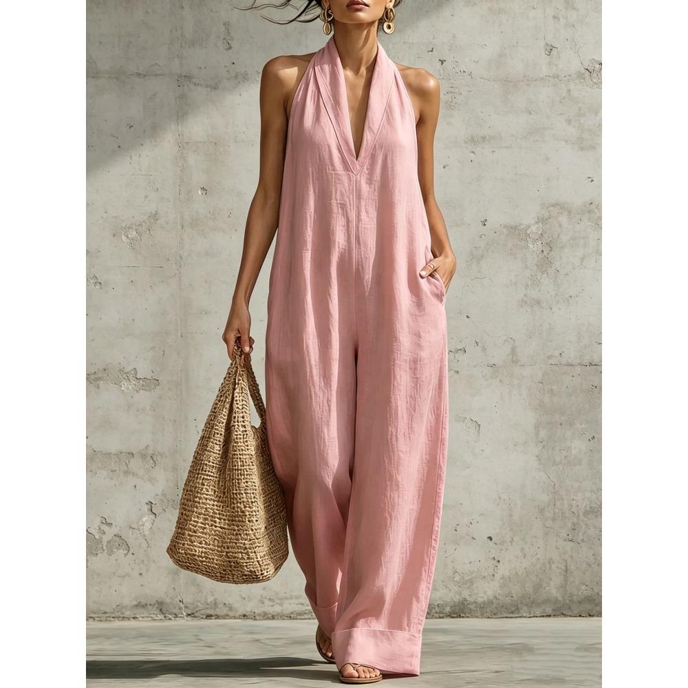 Women's Halter Neck Sleeveless Loose Wide Leg Jumpsuit Casual V Neck Polyester Jumpsuit