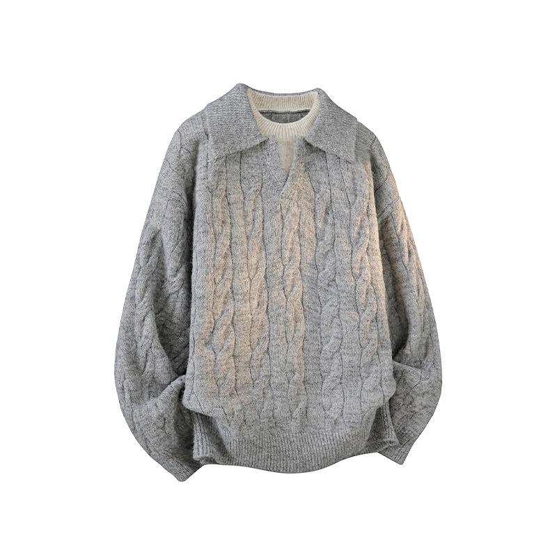 

Men s Old Money Style Two-Piece Look Lapel Sweater – Autumn/Winter Warm Loose Casual Knitwear L світло-сірий колір