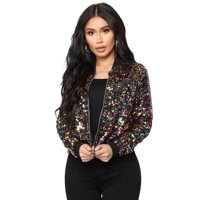 Women Bomber Gradient Color Sequins Baseball Jacket Beaded Embroidered Sequined Zipper Pilot Coat Stage Show Dance Outwear