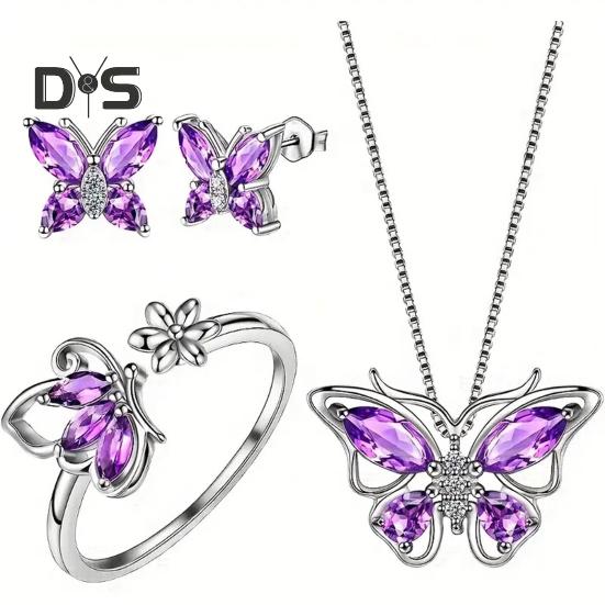 1 Set Jewelry Set Sparkling Rhinestones Inlaid Butterfly Pendant Necklace Ear Studs Opening Ring Set Jewelry Gift