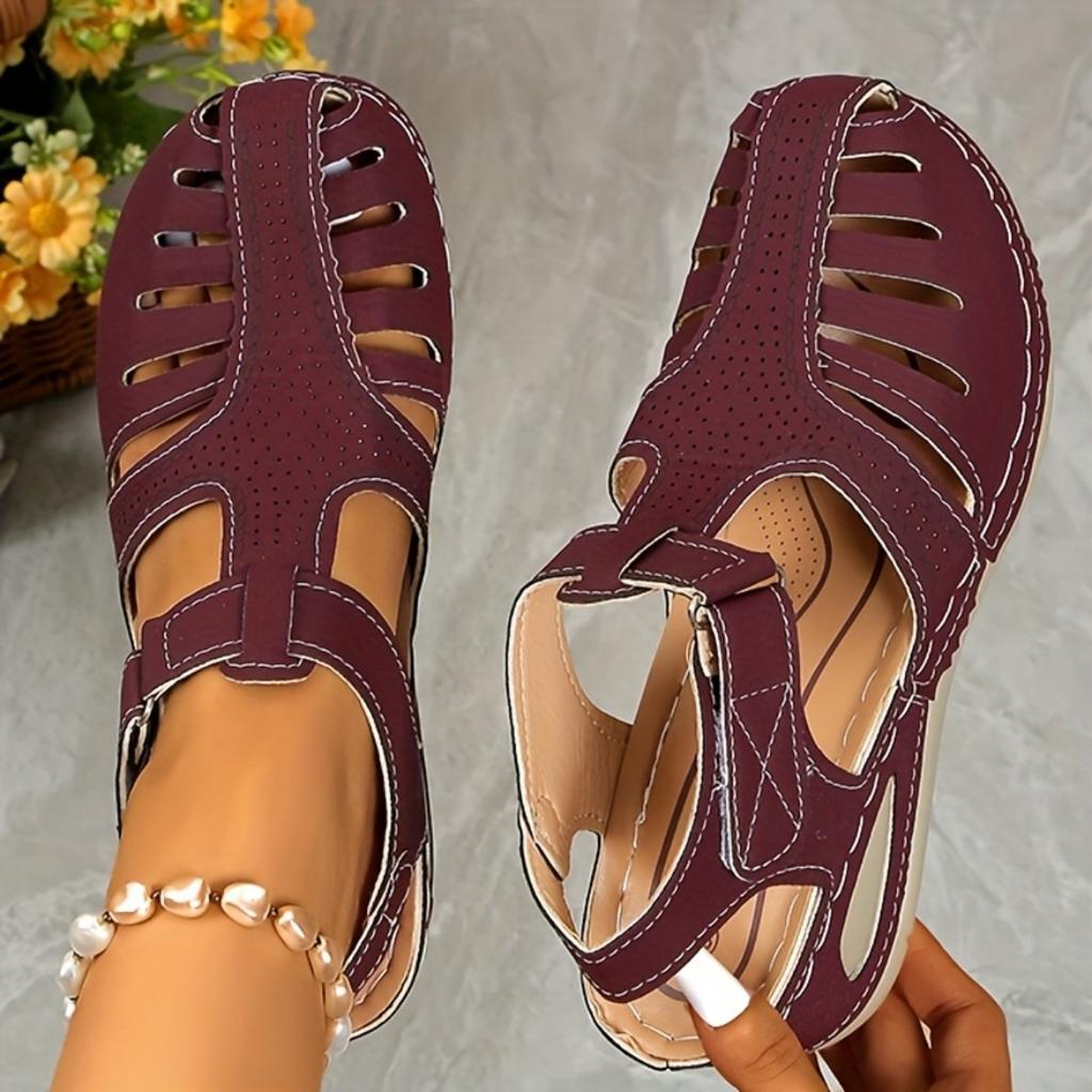WOMEN'S SOLID COLOR SLOPE HEEL SANDALS WITH TOE STRAP - Comfortable Round Toe Design, Mid-height Heel, Synthetic Overlay Fabric and PU Sole, Sandals