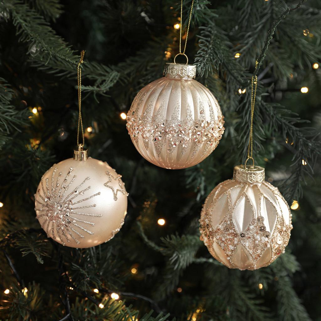 8cm Champagne Color High-Grade Ball with Gold Glitter Christmas Ball Ornament for Christmas Tree Hanging Decoration
