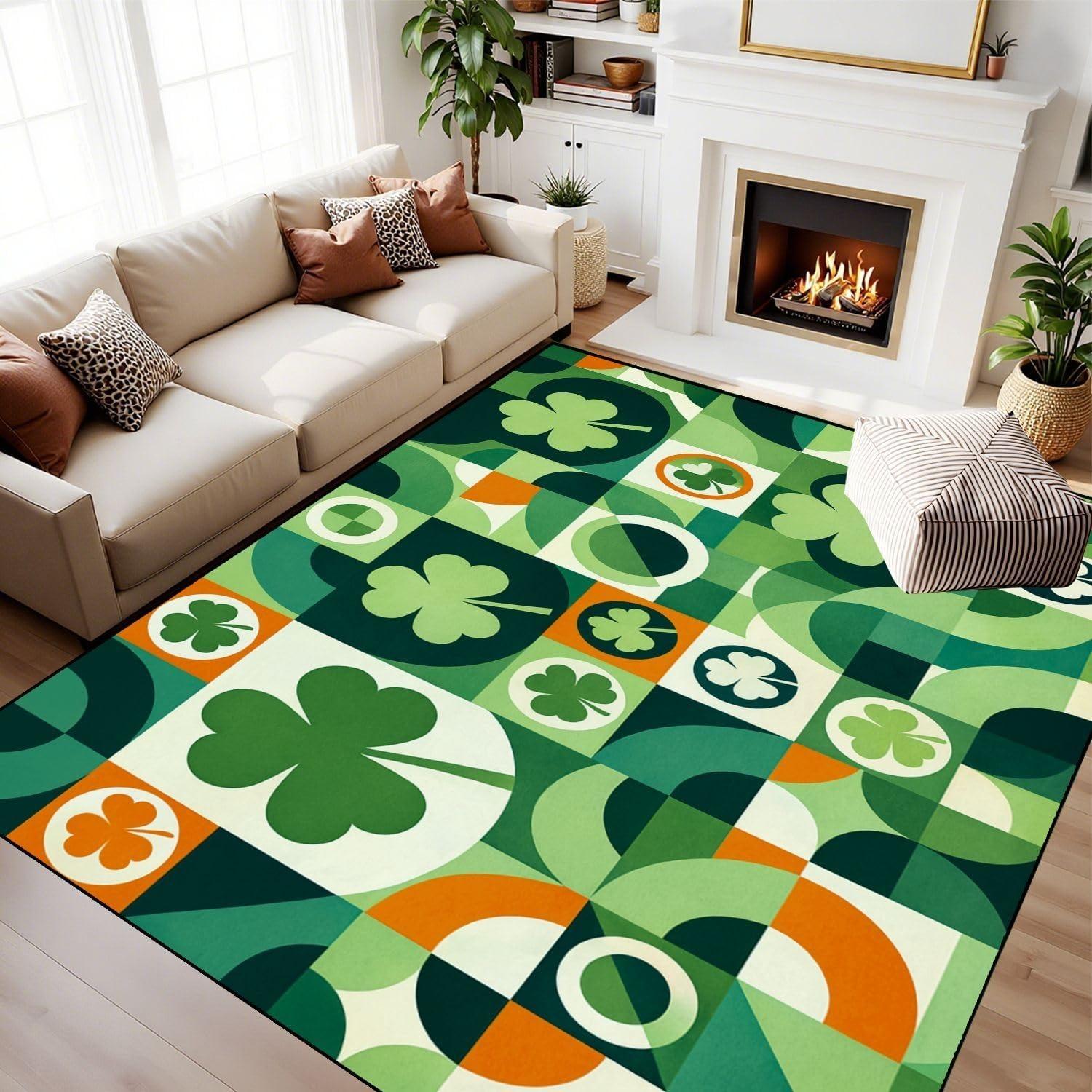 

St. Patrick s Day Area Rug Green Clover Shamrock Bowknot Print Home Decor Living Room Carpet Soft Non-Slip Mat Holiday Gift 50x80cm