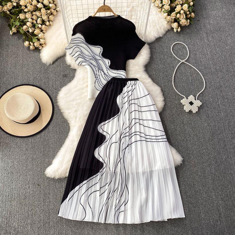 

Stand Collar Hepburn Style Pleated Skirt Fashion Suit Black M