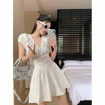 Elegant Summer Mini Dress Women Solid Color V-Neck Backless Puff Sleeve Simple Black White Graduation Dresses Female Vestidos