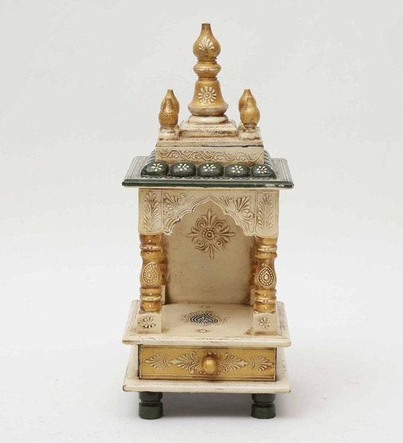 Handmade Wood Mandir: Embossed Painted Wall Shrine